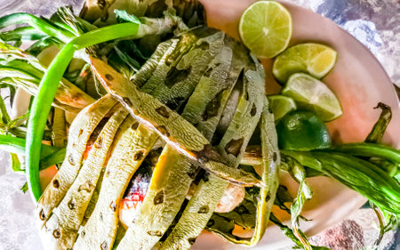 Grill party grill vegetables onions limes and nopal in Playa del Carmen Quintana Roo Mexico.の写真素材