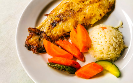 Fish in garlic served with rice and vegetables in Akumal Quintana Roo Mexico.