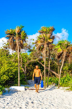 Handsome man tourist in tropical nature in Playa del Carmen Quintana Roo Mexico.の写真素材