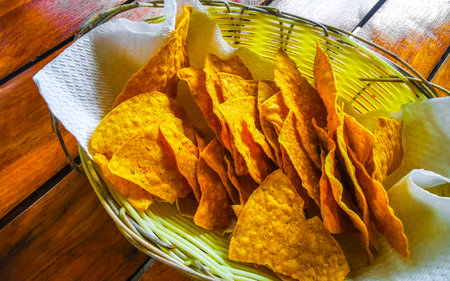 Mexican nachos in basket in Playa del Carmen Quintana Roo Mexico.の写真素材