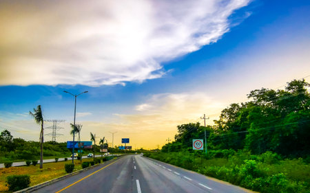 Beautiful morning sunset at the highway in Playa del Carmen Quintana Roo Mexico.の写真素材