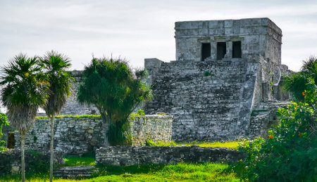 Ancient Tulum ruins Mayan site with temple El Castillo the castle pyramid and ceremonial building in the tropical natural jungle palm trees landscape panorama view in Tulum Mexico.の写真素材