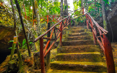 Beautiful Cenote Park Yaxmuul stairs steps into the cave with limestone rocks turquoise blue green...