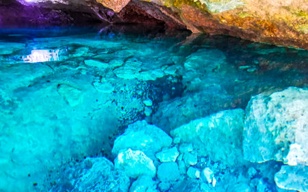 Beautiful Cenote Park Yaxmuul with limestone rocks turquoise blue green water and nature jungle around it in Tulum Quintana Roo Mexico.の写真素材