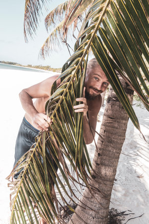 Male tourist traveling man with long hair is posing for a photo at a palm coconut tree on the Mexican Caribbean beach in Playa del Carmen Quintana Roo Mexico.の写真素材