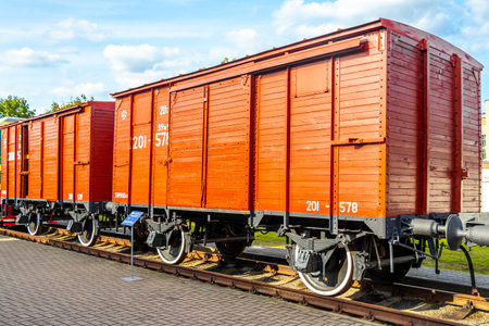 Brest Brest Region Belarus September 20, 2020 Red orange classic vintage old retro train trains...