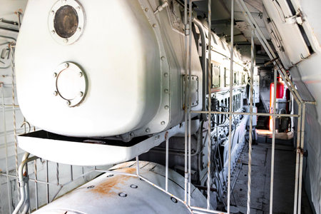 Inside of a classic vintage old retro train steam locomotive in the Railway engineering museum in Leninskiy Rayon Brest Belarus.の写真素材