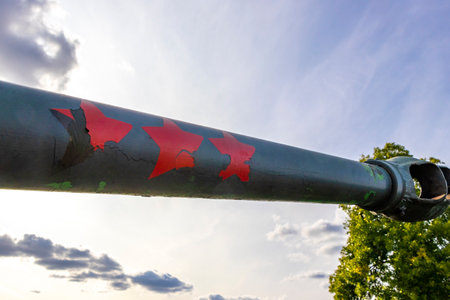 Brest Brest Region Belarus September 20, 2020 Classic vintage old retro train trains steam locomotive with machine gun cannon weapon on wheels in the Railway engineering museum in Brest Belarus.の写真素材