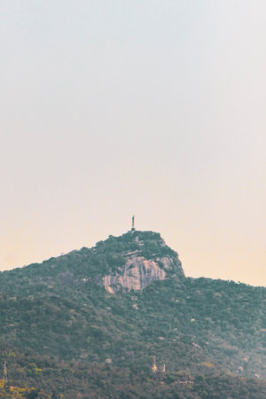 Christ the Redeemer Cristo Redentor on Corcovado mountain hill rock tropical forest and blue cloudy sky panorama view of Alto da Boa Vista in Rio de Janeiro Brazil.の写真素材