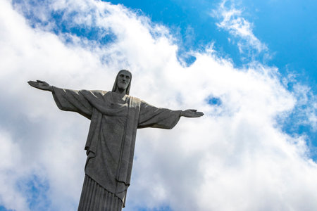 Rio de Janeiro State of Rio de Janeiro Brazil 12. October 2020 Christ the Redeemer Cristo Redentor on Corcovado mountain hill rock panorama view of Alto da Boa Vista Brazil.の写真素材