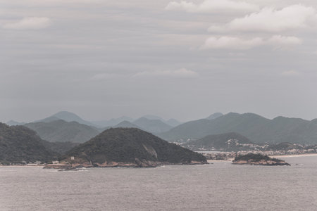 Copacabana and Leme Tropical Paradise with Beach Waves Water Coast Sea Hills Islands and Blue Sky Panorama in Rio de Janeiro Brazil.の写真素材