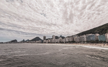 Rio de Janeiro State of Rio de Janeiro Brazil 11. October 2020 Copacabana and Leme Beach with City Skyscraper Skyline Blue Turquoise Water and Palm Trees in Rio de Janeiro Brazil.の写真素材
