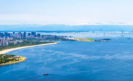 Rio de Janeiro Panorama View of the City Skyline Beaches Beach Coast Sea Mountains Tropical Forest and Blue Cloudy Sky in State of Rio de Janeiro Brazil.の写真素材