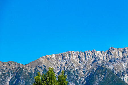Mountain and alpine hill landscape mountains and rocks peaks panorama with green fields forest fir...