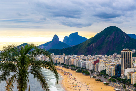 Rio de Janeiro, Brazil. Copacabana and Leme Beach with City Skyscraper Skyline, Blue Turquoise...