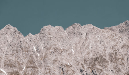 Mountain and alpine hill landscape mountains and rocks peaks panorama with green fields less forest...