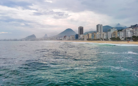 Rio de Janeiro State of Rio de Janeiro Brazil December 7th, 2020 Copacabana and Leme Beach with City Skyscraper Skyline Blue Turquoise Water and Palm Trees in Rio de Janeiro Brazil.の写真素材