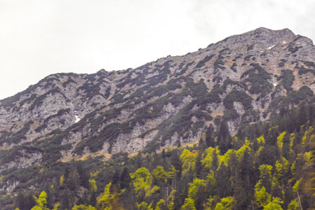 Mountain and alpine hill landscape mountains and rocks peaks panorama with green fields forest fir trees nature and cloudy blue sky in the Alps Reutte Tyrol Austria.の写真素材