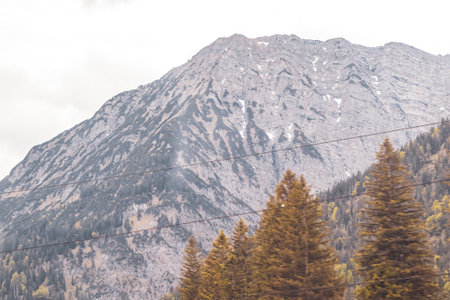 Mountain and alpine hill landscape mountains and rocks peaks panorama with green fields forest fir...