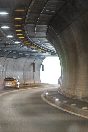 Reutte Tyrol Austria June 1st, 2025 Driving through a tunnel in the mountains in the Alps Reutte...