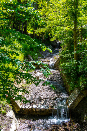Beautiful flowing river steam and waterfall Inn with stones rocks grass trees nature between mountains in the Alps FlieÃ Landeck Tyrol Austria.の写真素材