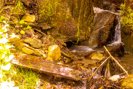 Beautiful flowing river steam and waterfall Inn with stones rocks grass trees nature between mountains in the Alps FlieÃ Landeck Tyrol Austria.の写真素材