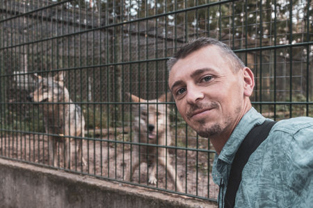 Man tourist traveler at dangerous wolf behind a fence in the wild nature in Bielaviezskaja Pusca National Park Bialowieza Forest Kamyanyets District Brest Region Belarus.の写真素材