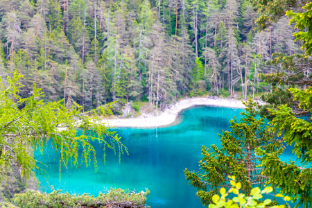 Turquoise blue green Blindsee lake river water forest rocks hills and mountains at Germanys largest mountain Zugspitze alpine landscape panorama in the Alps Biberwier Reutte Tyrol Austria.の写真素材
