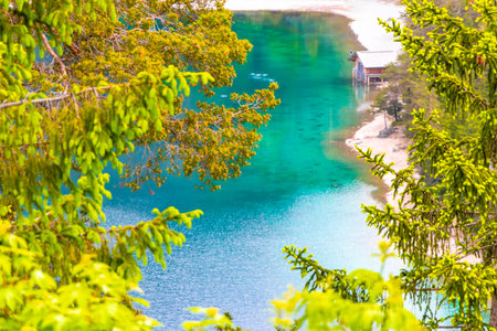 Turquoise blue green Blindsee lake river water forest rocks hills and mountains at Germanys largest mountain Zugspitze alpine landscape panorama in the Alps Biberwier Reutte Tyrol Austria.の写真素材