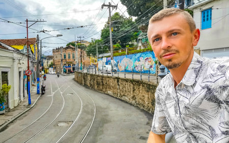 Handsome Man Tourist with Santa Teresa Centro City Street Streets Cityscape Panorama with Tourism...