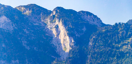Mountain and alpine hill landscape mountains and rocks peaks panorama with green fields forest fir...