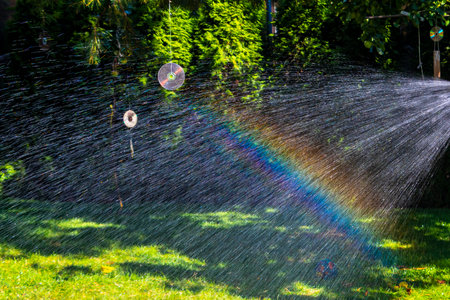 Water spray from hose creates rainbow at pool.の写真素材