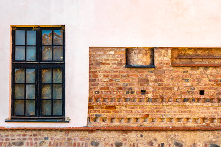 Castle window texture pattern with bricks.