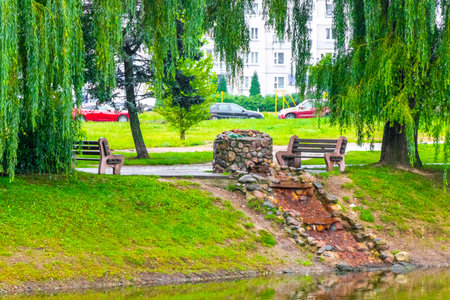 Green city pond lake in the park and nature in Minsk Minsk District Minsk Region Belarus.の写真素材
