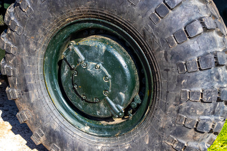 Russian war tank tanks wheel wheels detail monument exhibition outside in Minsk Minsk District Minsk Region Belarus.の写真素材