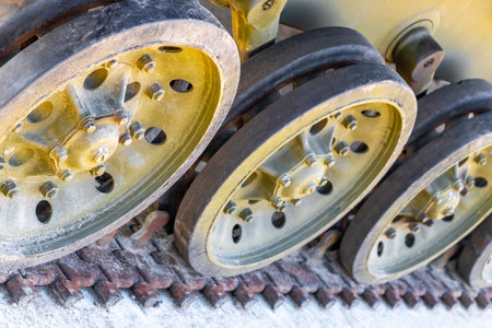 Russian war tank tanks wheel wheels gear chain vehicle monument exhibition outside in Minsk Minsk District Minsk Region Belarus.の写真素材