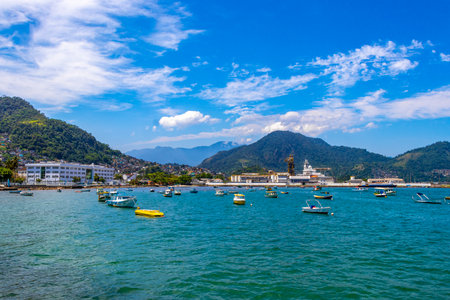 Angra dos Reis State of Rio de Janeiro Brazil October 28, 2020 Panorama of tropical coast beach seascape with turquoise green blue water pier port harbor with ships yachts and boats.の写真素材