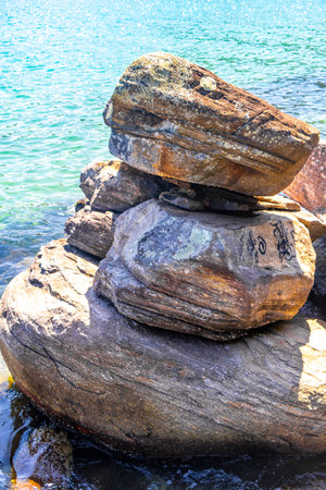 Panorama of tropical islands nature coast beach with turquoise green and clear water rock boulders...