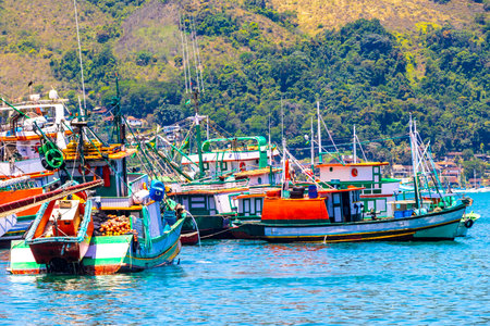 Angra dos Reis State of Rio de Janeiro Brazil October 28, 2020 Panorama of tropical coast beach seascape with turquoise green blue water pier port harbor with ships yachts and boats in Brazil.の写真素材