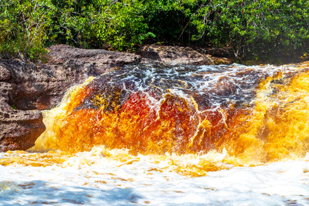 Red river water and waterfall Cachoeira Sucuriju orange yellow brown colors natural wonder in tropical jungle nature and rainforest in Presidente Figueiredo State of Amazonas Brazil.の写真素材