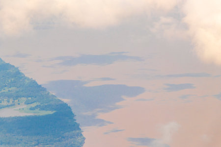 Flight in plane with aerial panorama view to Amazon river Rio negro tropical jungle rainforest of State of Amazonas Brazil.の写真素材