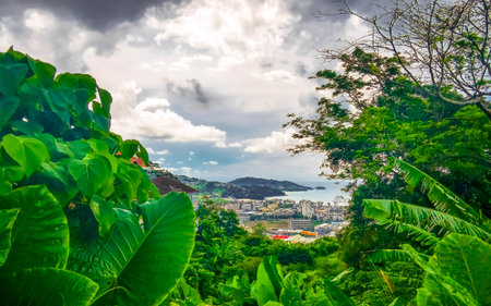 Panoramic view and panorama of tropical landscape mountains city and beach with blue sky.の写真素材