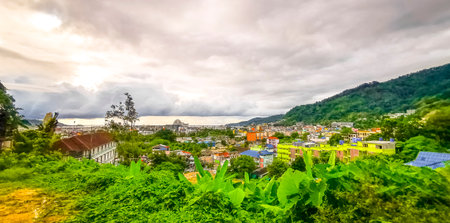Panoramic view and panorama of tropical landscape mountains city and beach with blue sky in Southeast Asia.の写真素材