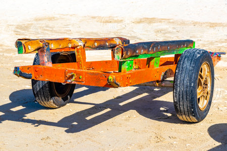 Trailer for transporting jet skis jetski on the beach in Patong Beach Kathu District Phuket Island Province Southern Thailand in Southeast Asia.の写真素材