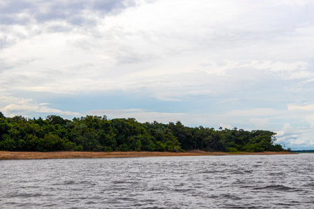 On a boat trip tour to Meeting of waters of Rio Negro and Amazon River with tropical jungle rainforest and blue cloudy sky in Iranduba Manaus State of Amazonas Brazil.の写真素材
