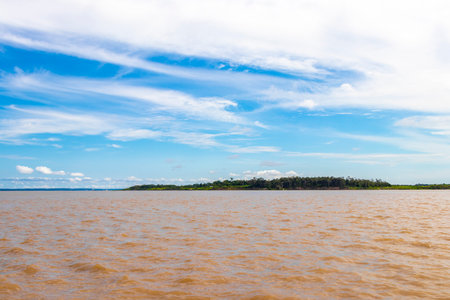 Meeting of waters blackwater of Rio Negro and whitewater of Amazon River boat trip tour with tropical jungle rainforest and blue cloudy sky in Iranduba Manaus State of Amazonas Brazil.の写真素材