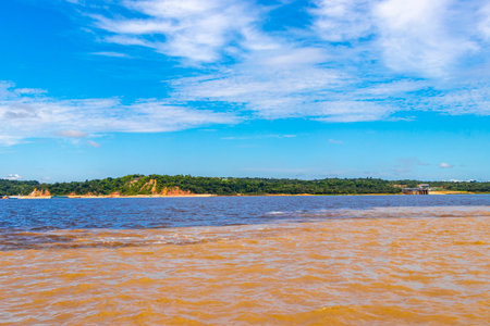 Meeting of waters blackwater of Rio Negro and whitewater of Amazon River boat trip tour with...