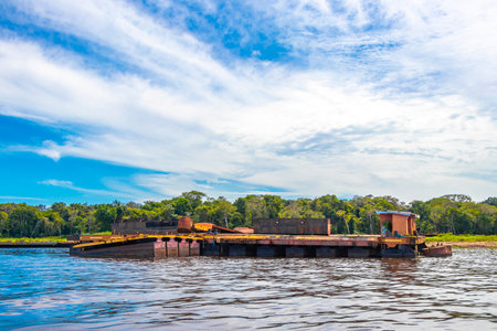 Angra dos Reis State of Rio de Janeiro Brazil October 17, 2020 Panorama of tropical coast beach seascape with turquoise blue water ship ships boat ferry harbor and port in Brazil.の写真素材