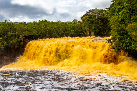 Red river water and waterfall Cachoeira Sucuriju orange yellow brown colors natural wonder in tropical jungle nature and rainforest in Presidente Figueiredo State of Amazonas Brazil.の写真素材