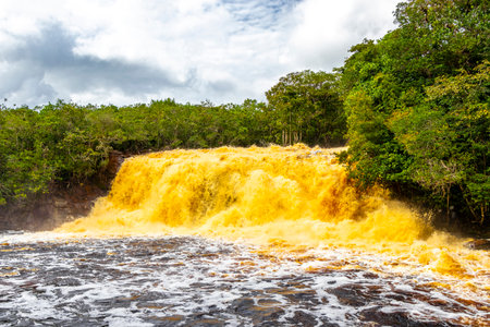 Red river water and waterfall Cachoeira Sucuriju orange yellow brown colors natural wonder in tropical jungle nature and rainforest in Presidente Figueiredo State of Amazonas Brazil.の写真素材